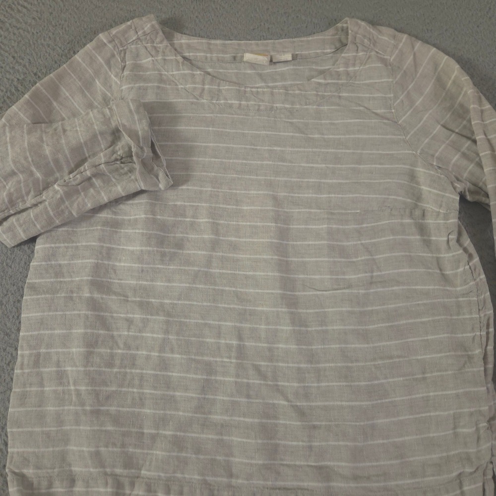 C&C California Top Womens Medium Grey White Striped 100% Linen Boat Neck Casual